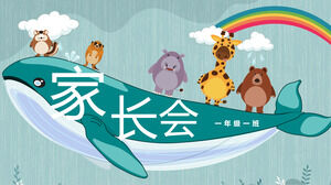 Kindergarten-Elterntreffen PPT-Vorlage mit niedlichem Cartoon-Wal-Tierhintergrund