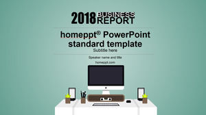Business desk scene main picture cartoon small fresh work summary report ppt template
