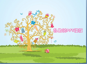 Pokryta dar szczęśliwy cartoon drzewo tła szablonu PowerPoint