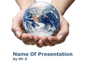 地球行星的雙手手掌的PowerPoint模板