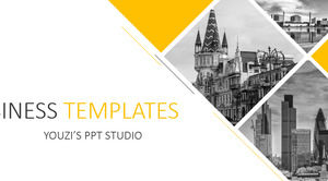 PPT-Vorlage im europäischen und amerikanischen Stil für gelbes und graues Bildlayoutdesign