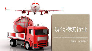 Template PPT logistik modern dengan latar belakang pesawat dan truk