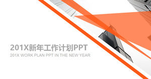 Modello PPT piano di lavoro con poligoni arancioni e sfondo moderno edificio